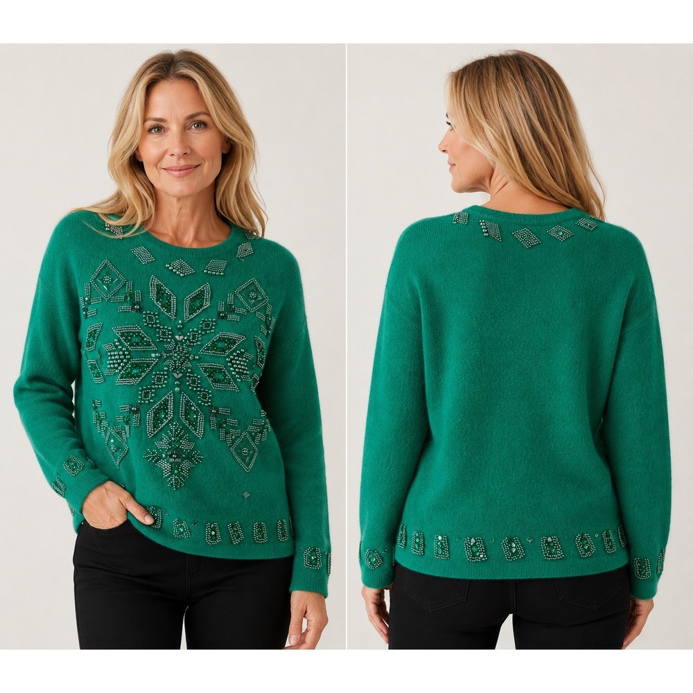 Shannan Green Beaded Sequin Snowflake Knit Sweater Vintage Emerald Festive L
